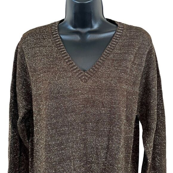 Vintage Terry Lewis Classic Luxuries Brown Metallic Wool Blend V-Neck Sweater - Picture 2 of 13